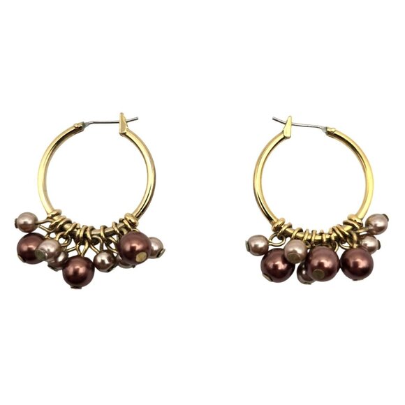 Ladies GoldTone Hoop Beaded Dangle Earrings Pink Purple Mauve Boho Fairy Cottage - Picture 1 of 5